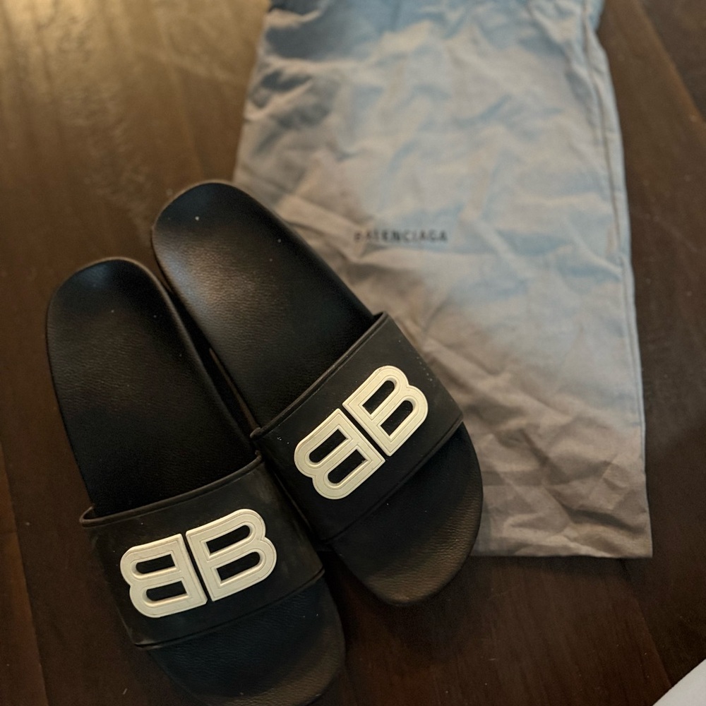Balenciaga Black Slides with White Logo